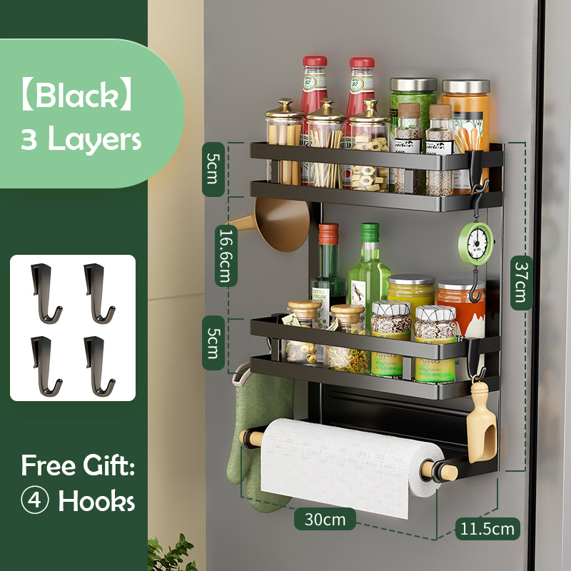 Magnetic Fridge Organizer, Magnetic Spice Rack for Refrigerator Magnetic Paper Towel Holder Magnetic Shelf Fridge Magnet Organizer Spice Rack Organizer Kitchen Organization Kitchen Storage Black
