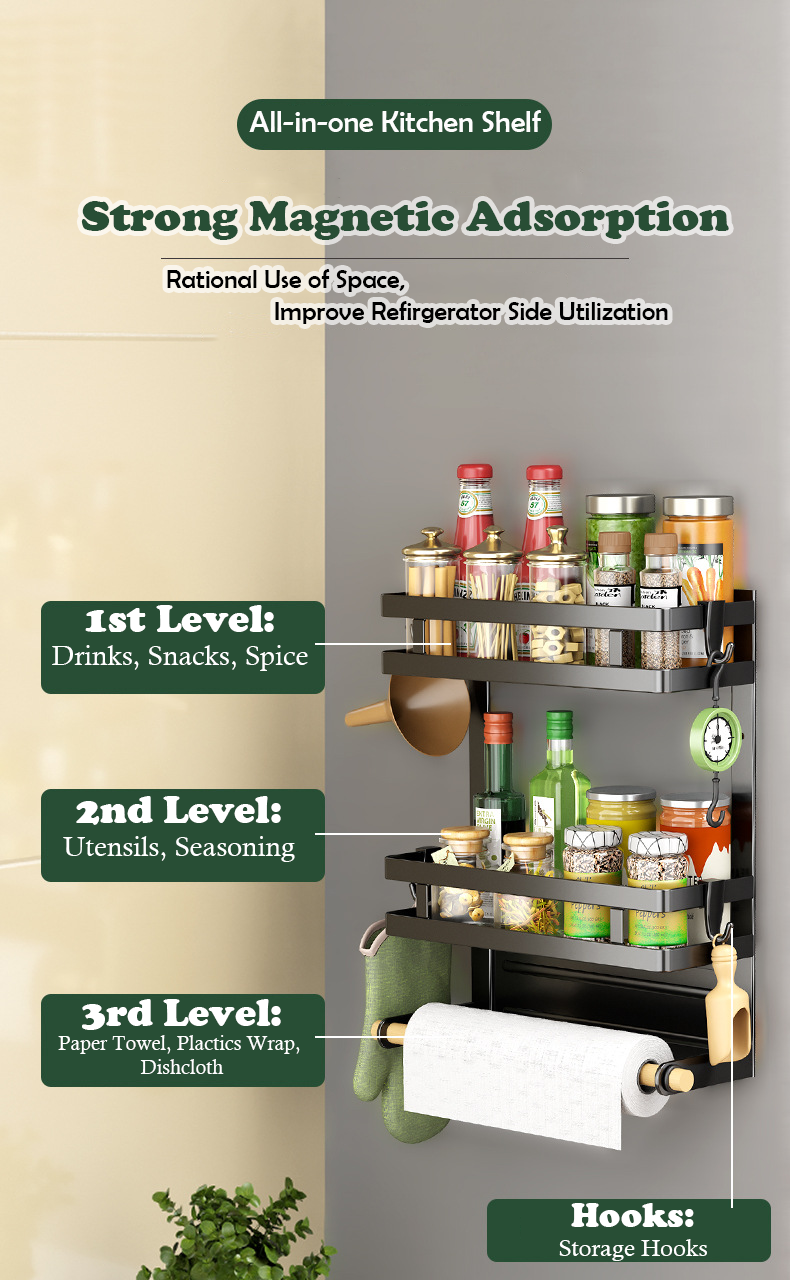 Magnetic Fridge Organizer, Magnetic Spice Rack for Refrigerator Magnetic Paper Towel Holder Magnetic Shelf Fridge Magnet Organizer Spice Rack Organizer Kitchen Organization Kitchen Storage Black