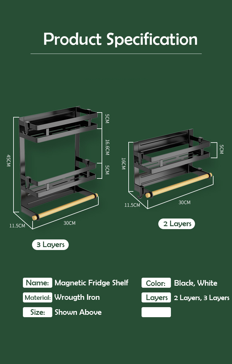 Magnetic Fridge Organizer, Magnetic Spice Rack for Refrigerator Magnetic Paper Towel Holder Magnetic Shelf Fridge Magnet Organizer Spice Rack Organizer Kitchen Organization Kitchen Storage Black