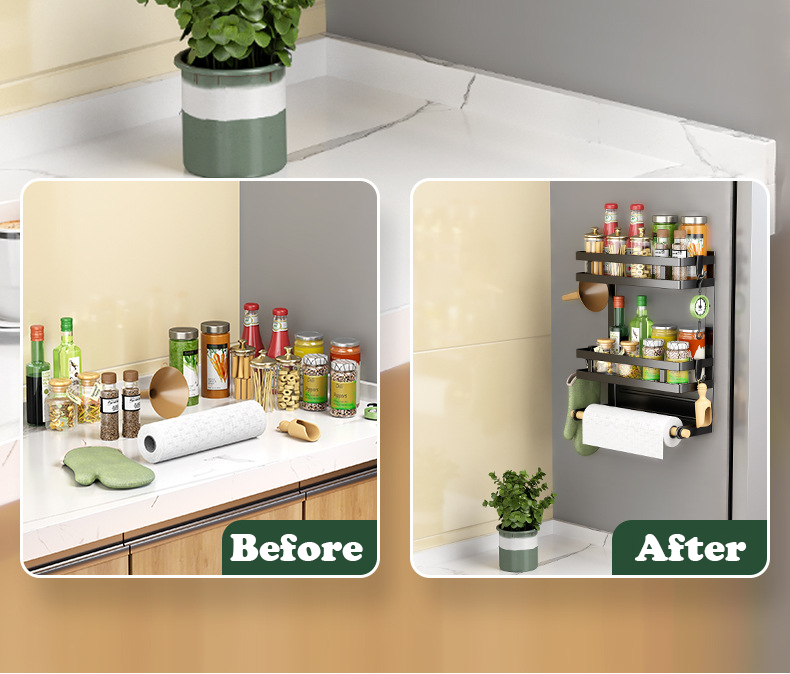 Magnetic Fridge Organizer, Magnetic Spice Rack for Refrigerator Magnetic Paper Towel Holder Magnetic Shelf Fridge Magnet Organizer Spice Rack Organizer Kitchen Organization Kitchen Storage Black
