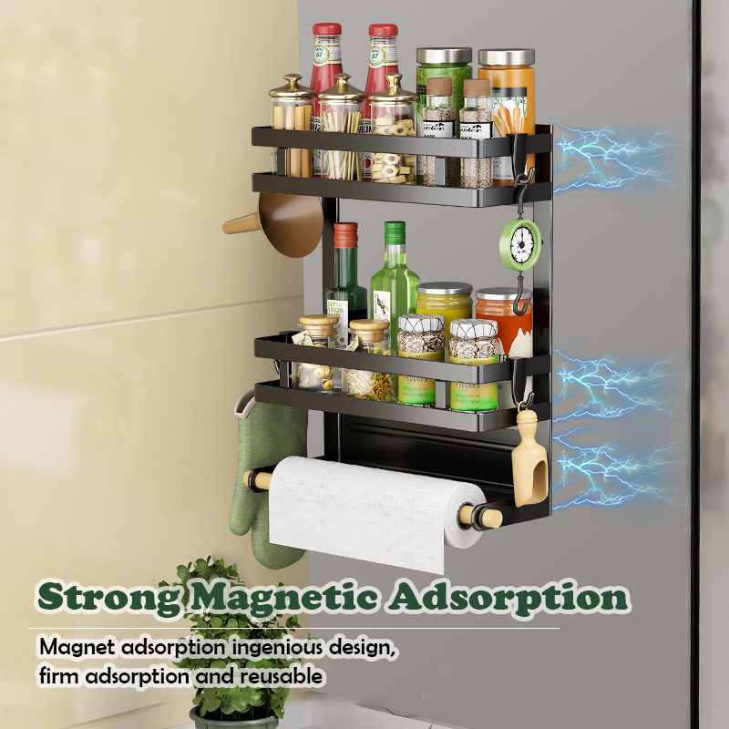 Magnetic Fridge Organizer, Magnetic Spice Rack for Refrigerator Magnetic Paper Towel Holder Magnetic Shelf Fridge Magnet Organizer Spice Rack Organizer Kitchen Organization Kitchen Storage Black