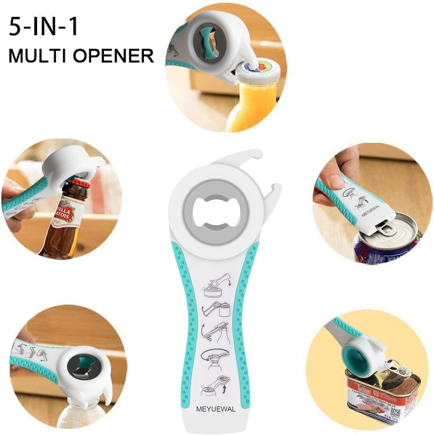 ar Opener Bottle Opener for Weak Hands, 5 in 1 Multi Function Can Opener Bottle Opener Kit with Silicone Handle Easy to Use for Children, Elderly and Arthritis Sufferers, Mutil Jar Opener Get Lids Off Easily