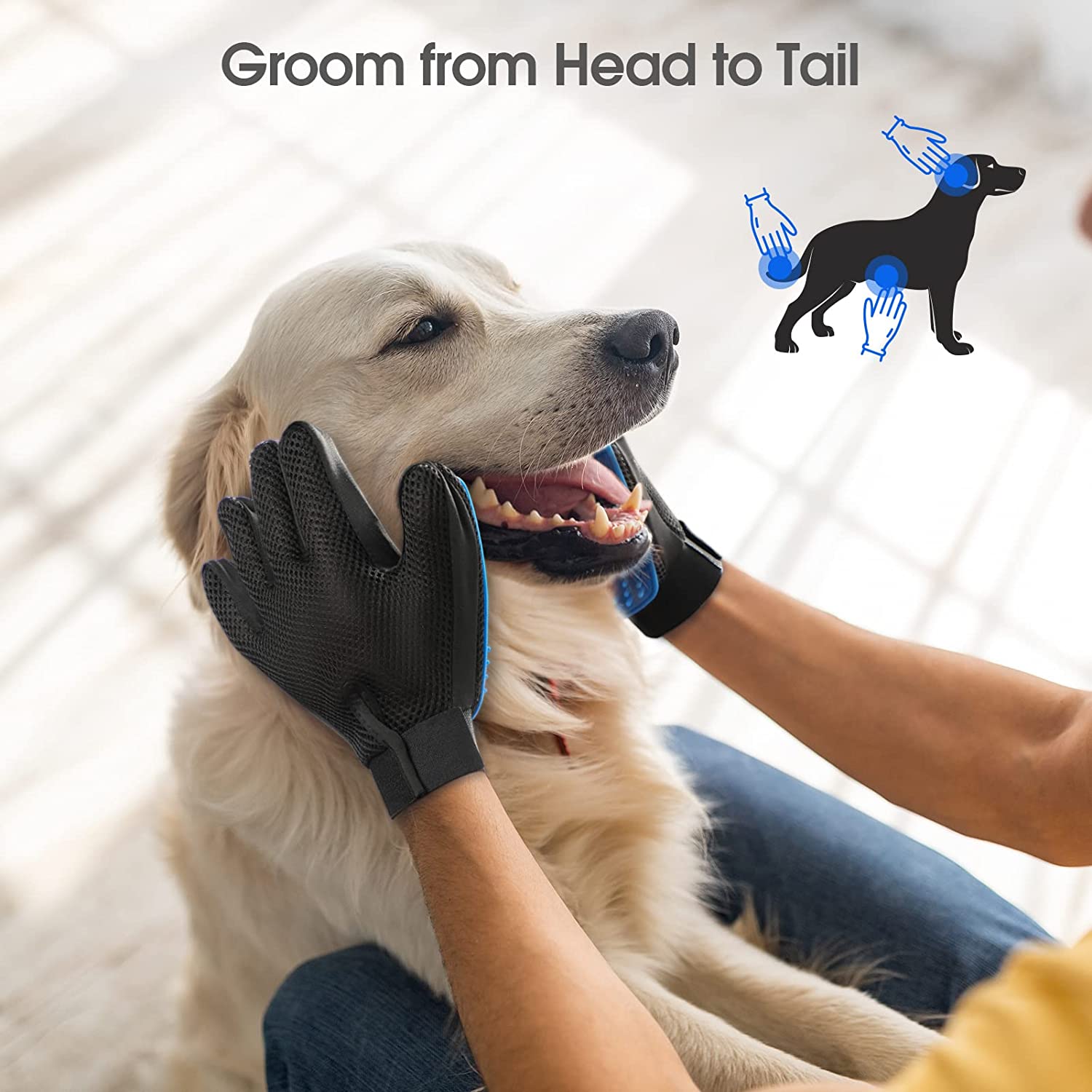 Pet Grooming Glove - Gentle Deshedding Brush Glove - Efficient Pet Hair Remover Mitt - Enhanced Five Finger Design - Perfect for Dog & Cat with Long & Short Fur - 1 Pair