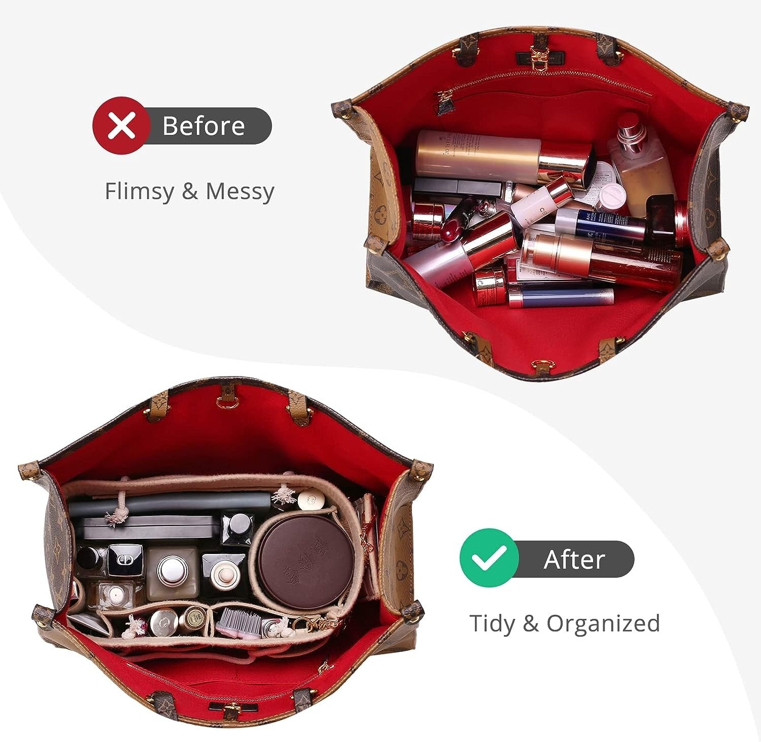 Purse Organizer Insert for Handbags, Softened Felt Bag Insert Organizer for Tote, Handbag Organizer Compatible with LV, Coach, MK, Kate Spade, Goyard, Longchamp, Felt Bag organizer with zipper, Handbag & Tote Shaper, For Speedy Neverfull Tote