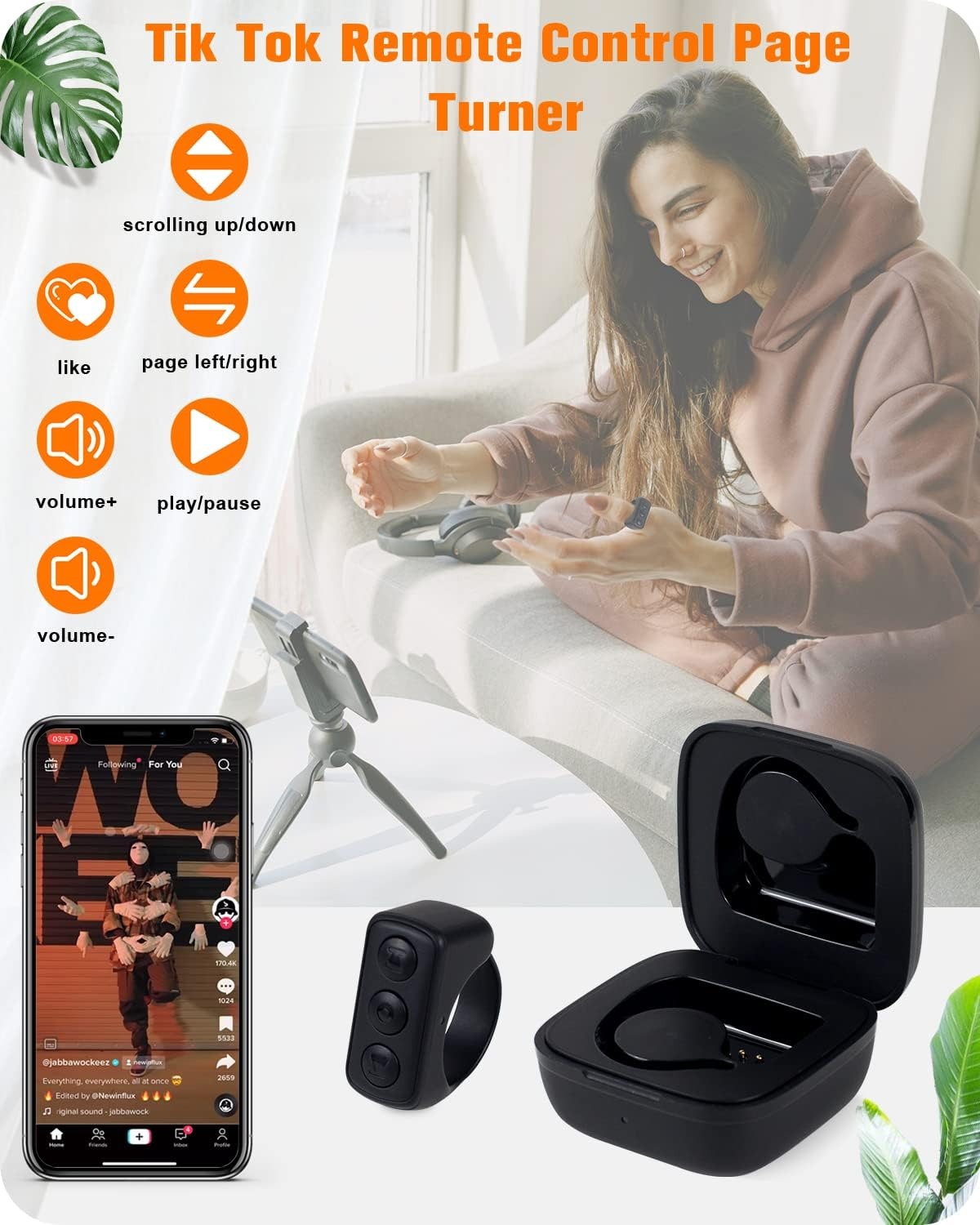 Tiktok Remote Control TIK Tok Scrolling Ring, Finger Remote for Tiktok Short Video Remote Controller, Bluetooth Remote for Android iPhone iPad, Kindle APP Page Turner - Not for Kindle Devices (Black)