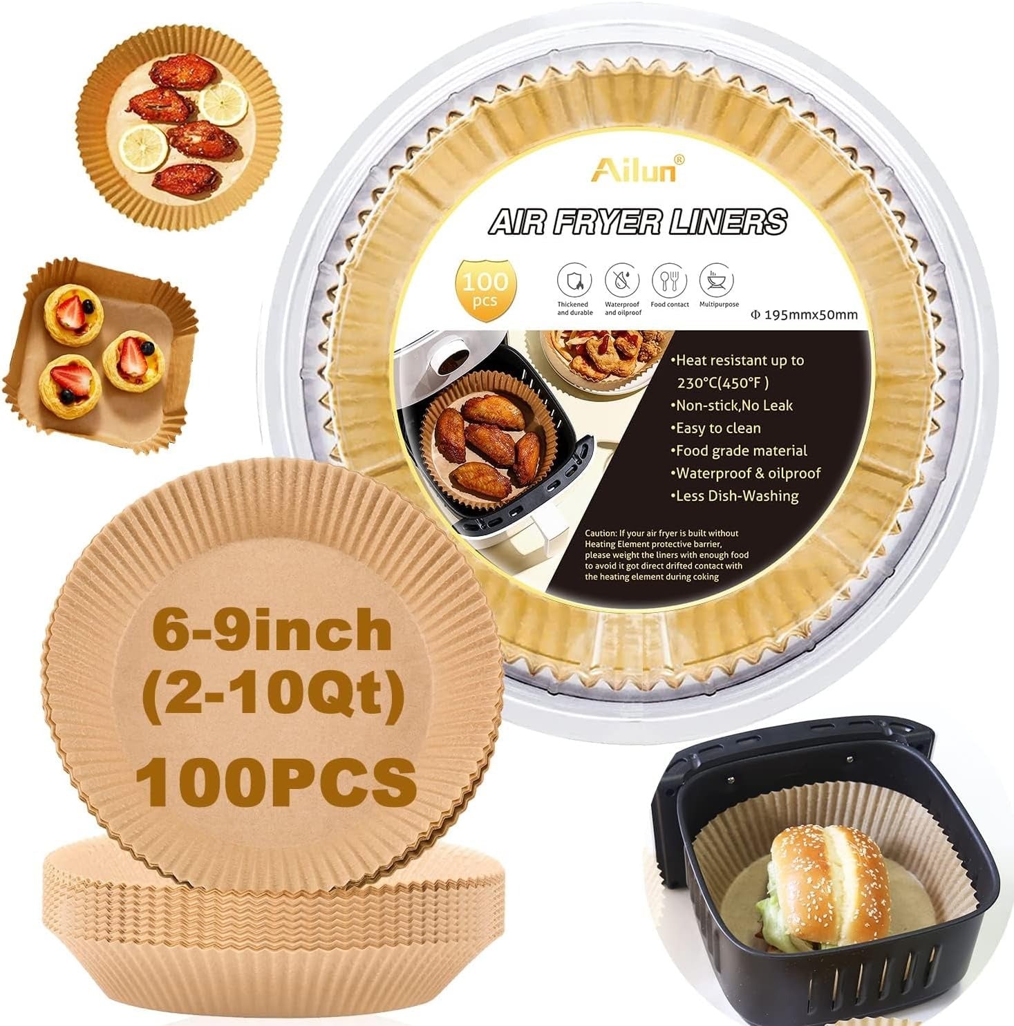 8inch Disposable Paper Liners, 100 PCS Disposable Paper Liner for Air Fryer, Disposable Parchment Liners, Oil Resistant, Waterproof, Food Grade Baking Paper, Round Baking Paper-Liners for Baking Roasting Microwave (Nature)