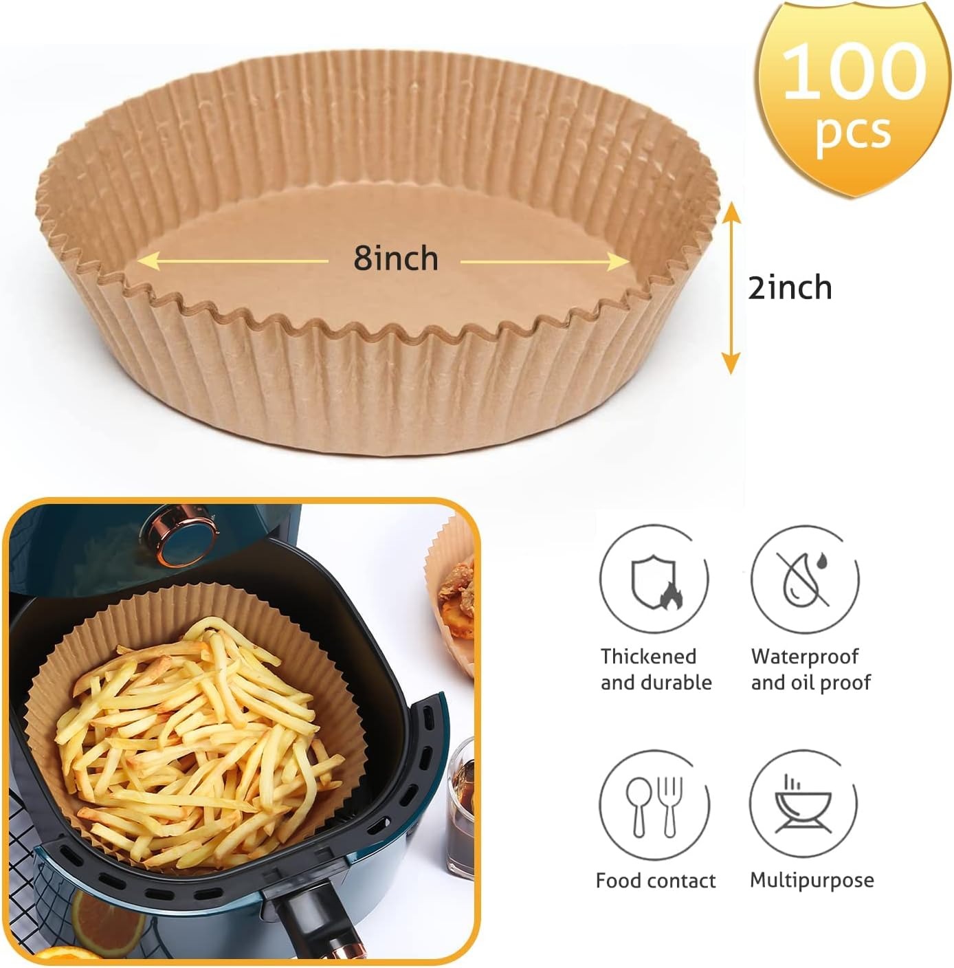 8inch Disposable Paper Liners, 100 PCS Disposable Paper Liner for Air Fryer, Disposable Parchment Liners, Oil Resistant, Waterproof, Food Grade Baking Paper, Round Baking Paper-Liners for Baking Roasting Microwave (Nature)