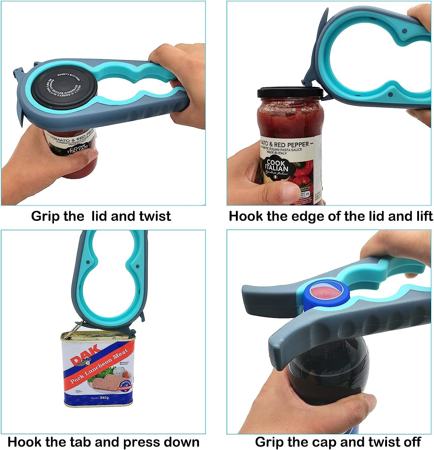 ar Opener Bottle Opener for Weak Hands, 5 in 1 Multi Function Can Opener Bottle Opener Kit with Silicone Handle Easy to Use for Children, Elderly and Arthritis Sufferers, Mutil Jar Opener Get Lids Off Easily
