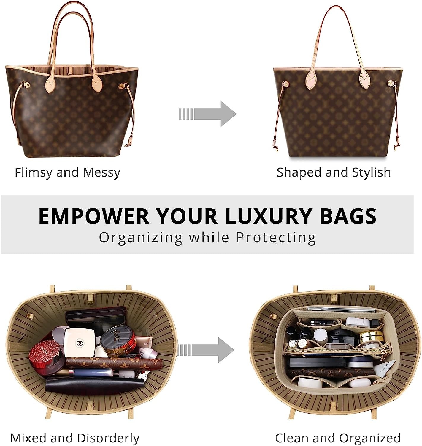 Purse Organizer Insert for Handbags, Softened Felt Bag Insert Organizer for Tote, Handbag Organizer Compatible with LV, Coach, MK, Kate Spade, Goyard, Longchamp, Felt Bag organizer with zipper, Handbag & Tote Shaper, For Speedy Neverfull Tote