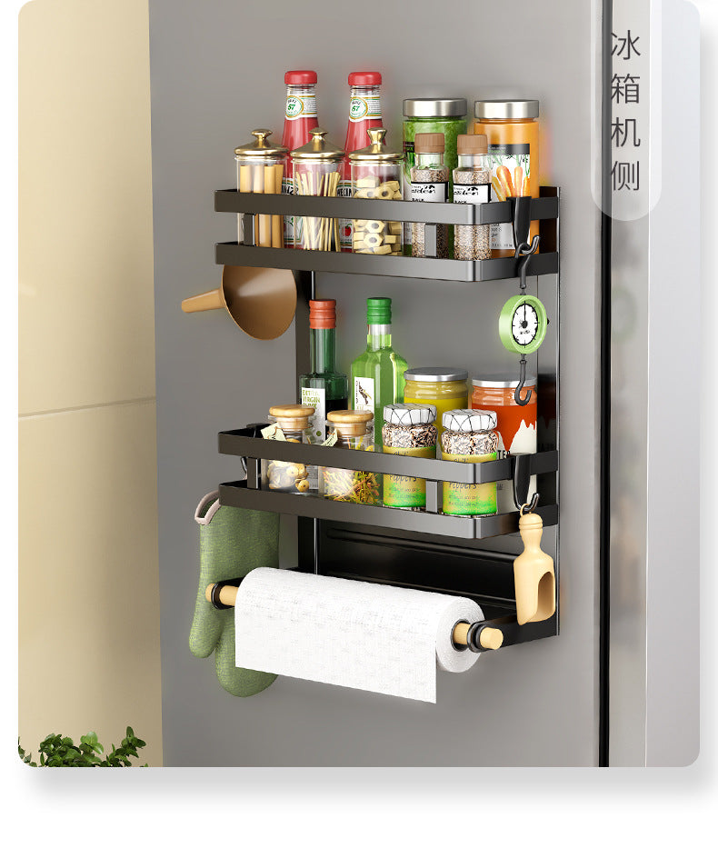 Magnetic Fridge Organizer, Magnetic Spice Rack for Refrigerator Magnetic Paper Towel Holder Magnetic Shelf Fridge Magnet Organizer Spice Rack Organizer Kitchen Organization Kitchen Storage Black