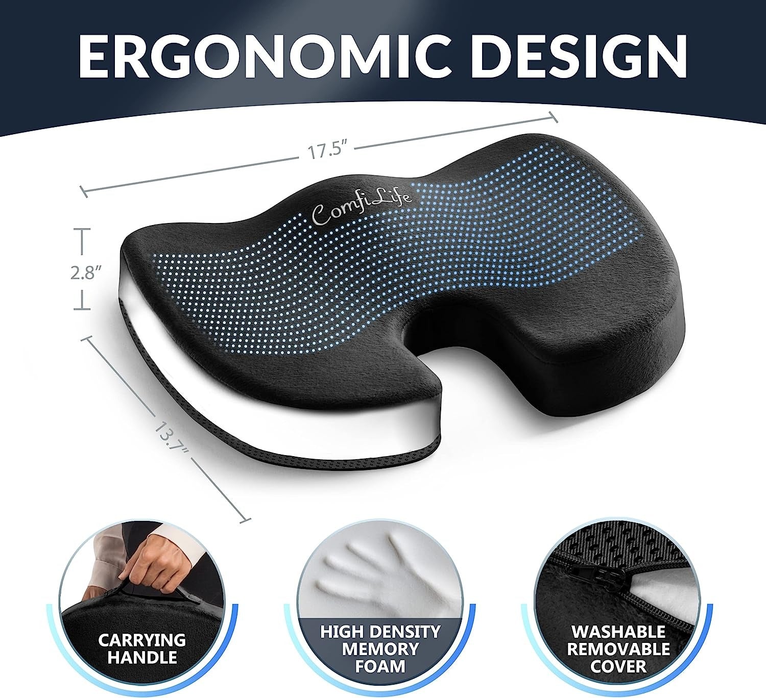 ComfiLife Gel Enhanced Seat Cushion - Non-Slip Orthopedic Gel & Memory Foam Coccyx Cushion for Tailbone Pain - Office Chair Car Seat Cushion - Sciatica & Back Pain Relief 【Black & Grey & Navy Blue】