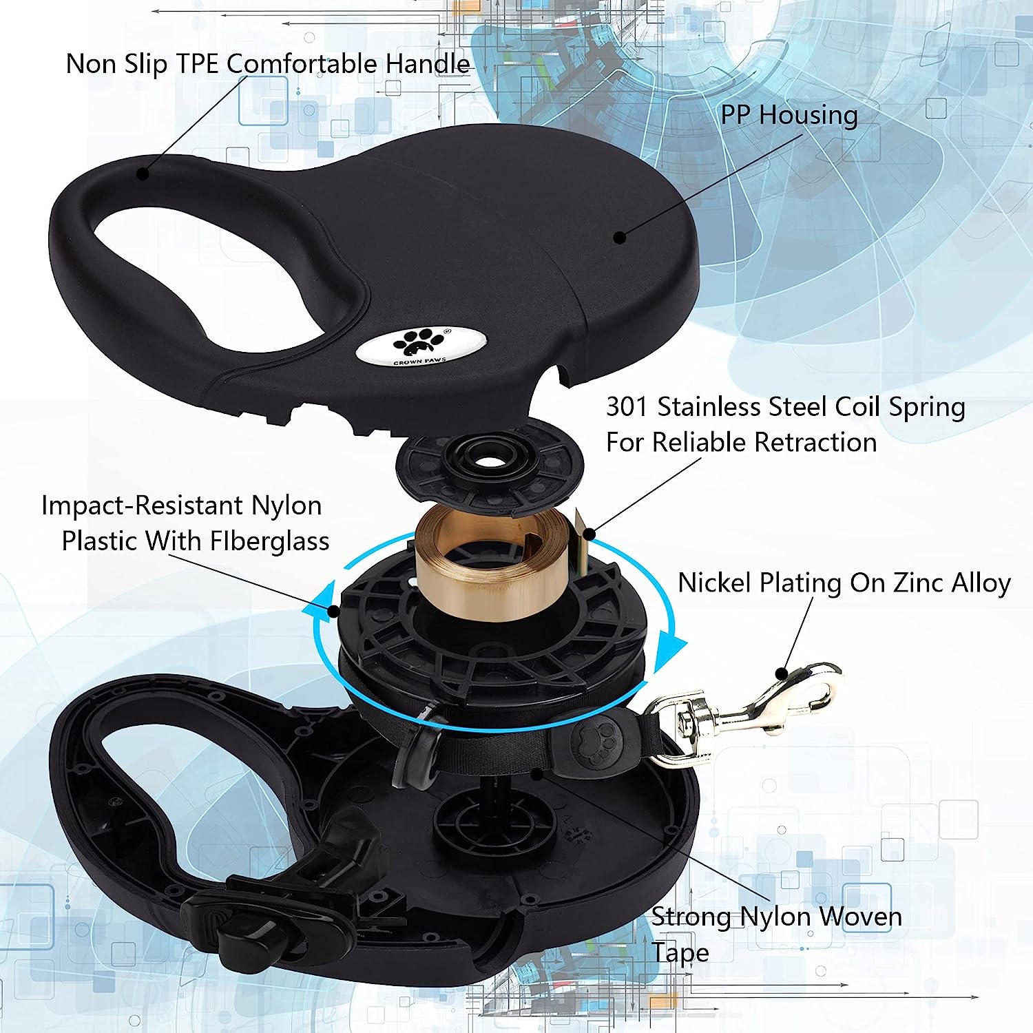 DOCO® All Day Adventure Retractable Dog Leash - Reflective Tape, Anti-Slip, Tangle-Free Secure Control -Dogs up to 22lbs (Small, Black)