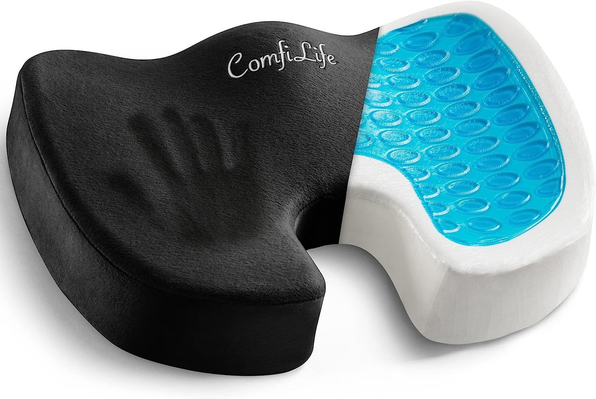 ComfiLife Gel Enhanced Seat Cushion - Non-Slip Orthopedic Gel & Memory Foam Coccyx Cushion for Tailbone Pain - Office Chair Car Seat Cushion - Sciatica & Back Pain Relief 【Black & Grey & Navy Blue】