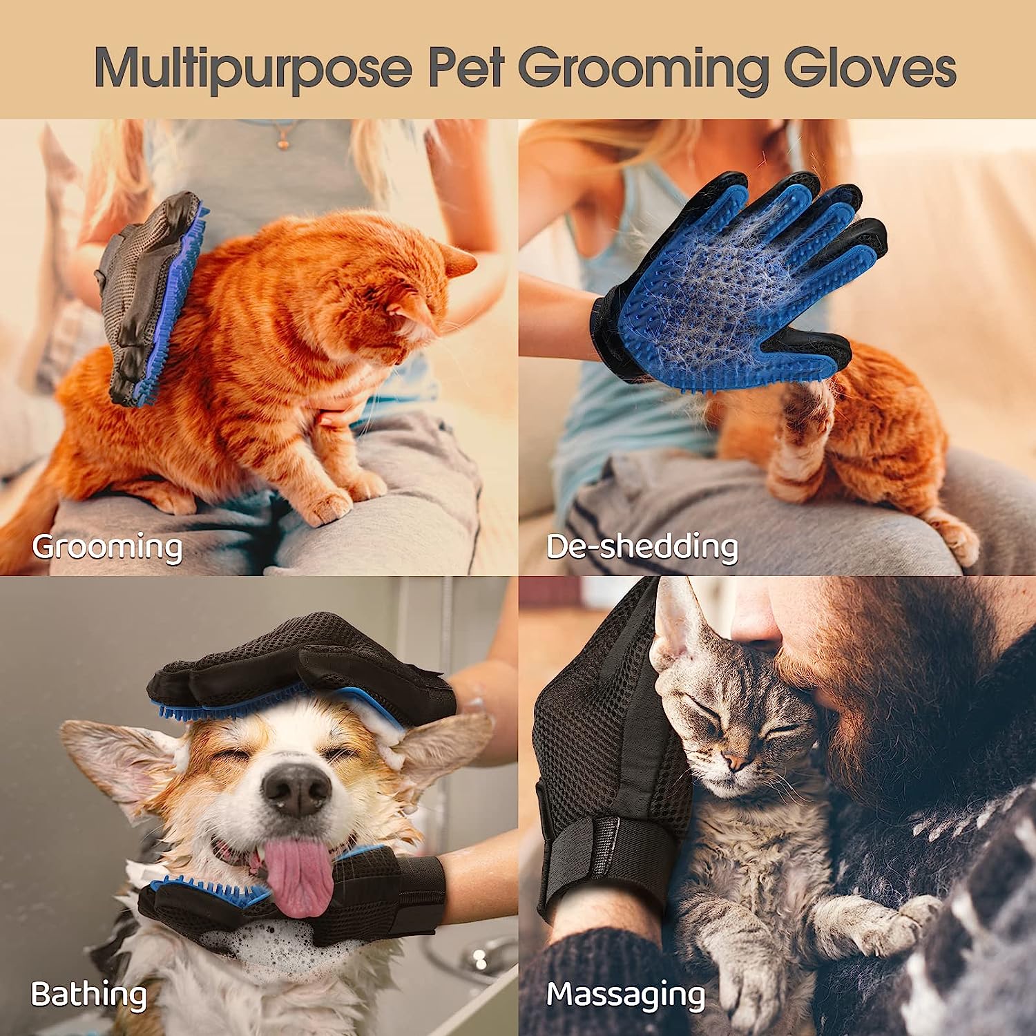 Pet Grooming Glove - Gentle Deshedding Brush Glove - Efficient Pet Hair Remover Mitt - Enhanced Five Finger Design - Perfect for Dog & Cat with Long & Short Fur - 1 Pair