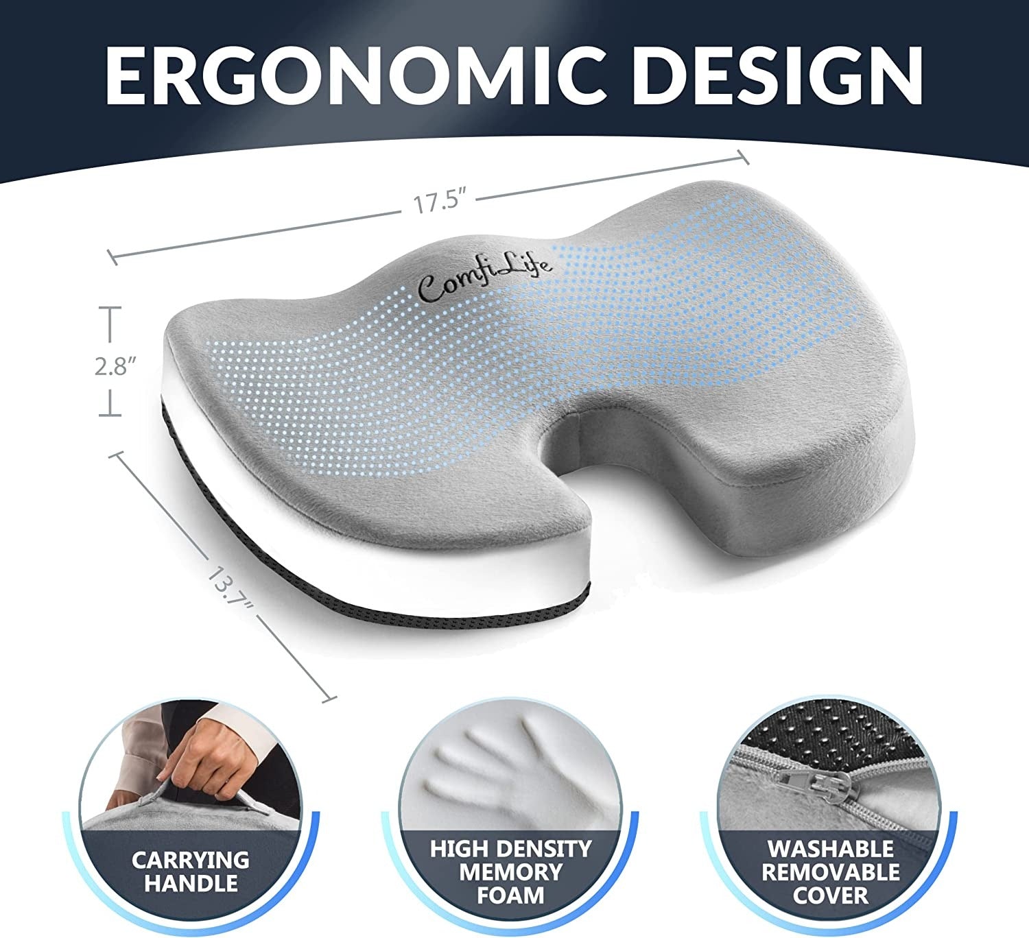 ComfiLife Gel Enhanced Seat Cushion - Non-Slip Orthopedic Gel & Memory Foam Coccyx Cushion for Tailbone Pain - Office Chair Car Seat Cushion - Sciatica & Back Pain Relief 【Black & Grey & Navy Blue】