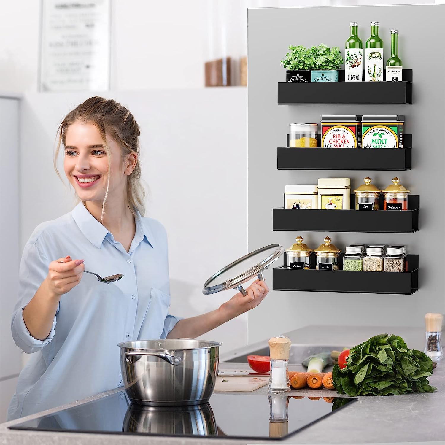 REALINN Magnetic Spice Rack Organizer, Moveable Fridge Spice Shelves, Space Saver for Refrigerator and Microwave Oven, Metal Refrigerator Shelf