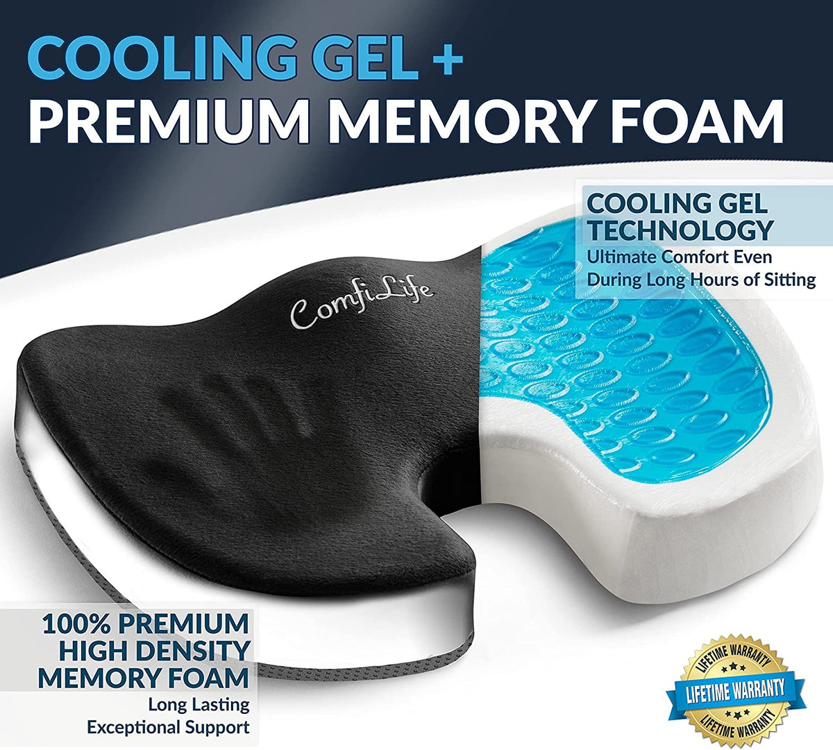 ComfiLife Gel Enhanced Seat Cushion - Non-Slip Orthopedic Gel & Memory Foam Coccyx Cushion for Tailbone Pain - Office Chair Car Seat Cushion - Sciatica & Back Pain Relief 【Black & Grey & Navy Blue】