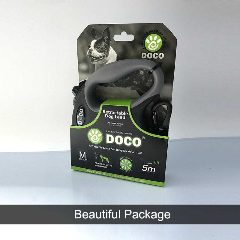 DOCO® All Day Adventure Retractable Dog Leash - Reflective Tape, Anti-Slip, Tangle-Free Secure Control -Dogs up to 22lbs (Small, Black)