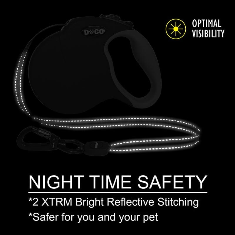 DOCO® All Day Adventure Retractable Dog Leash - Reflective Tape, Anti-Slip, Tangle-Free Secure Control -Dogs up to 22lbs (Small, Black)