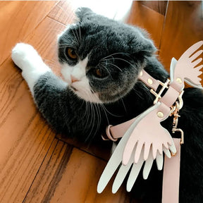 泰迪熊天使網紅牽引繩皮粉色背帶瑪吉斯貓項圈外用寵物項圈翅膀貓牽引繩吊帶